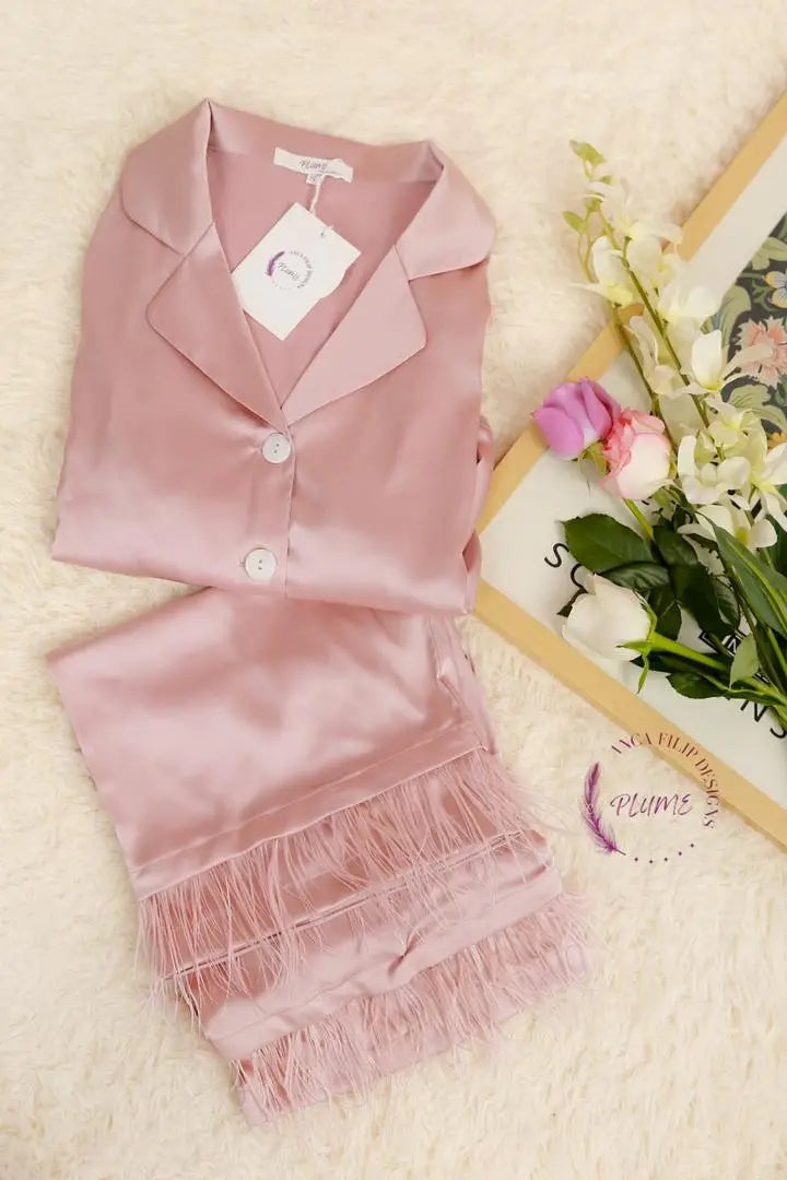 Pink Detachable feather trim satin pajama