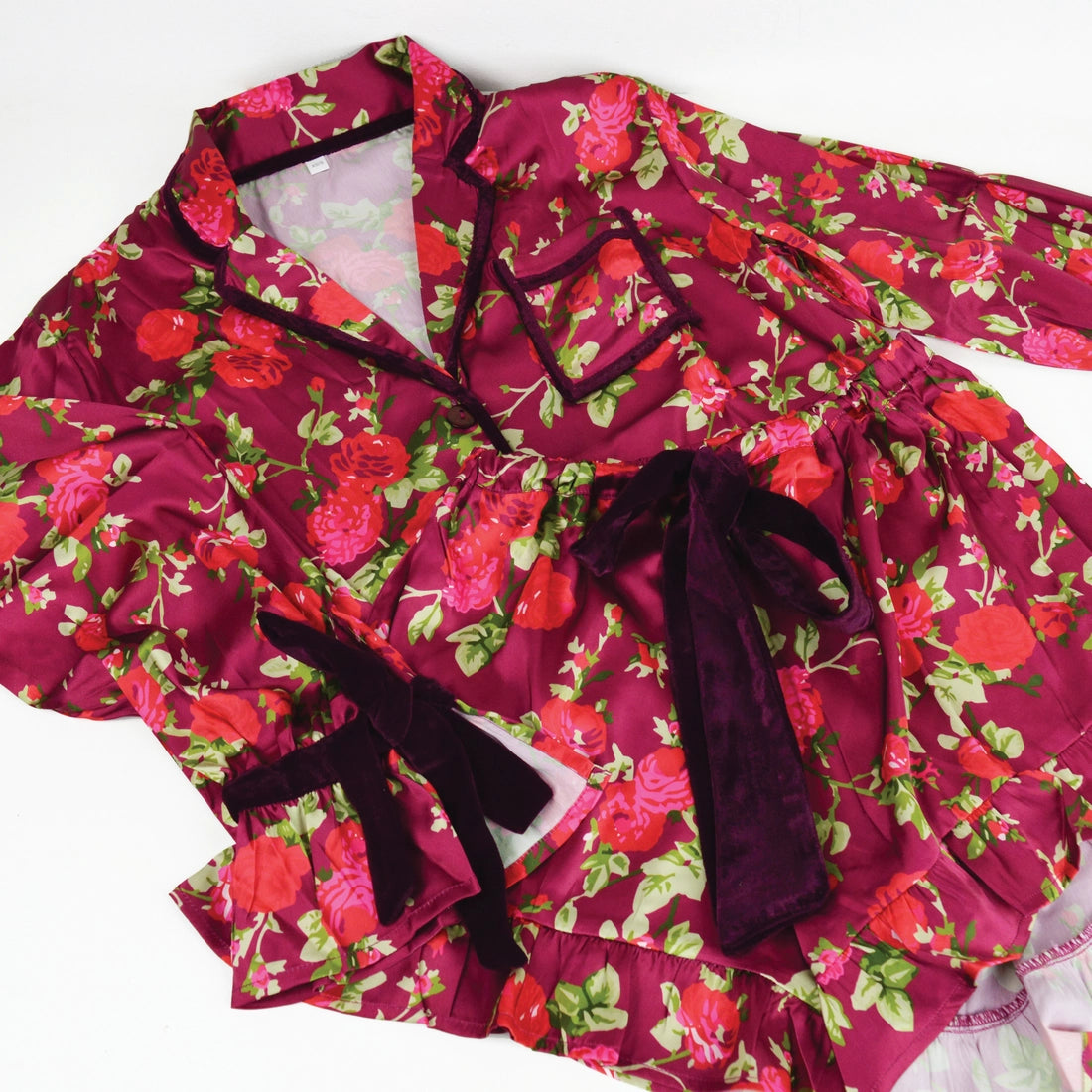 Burgundy Floral Satin Short PJ Set