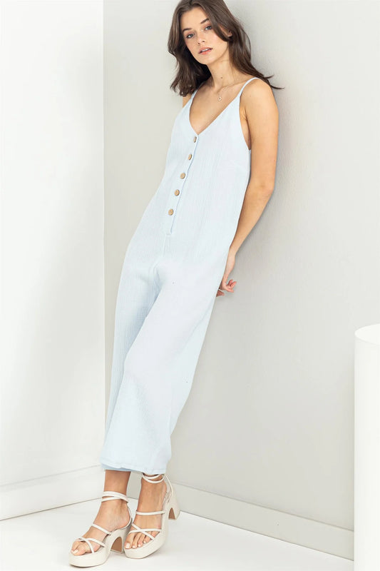 Chill Pill Button-Front Sleeveless Light Blue Jumpsuit