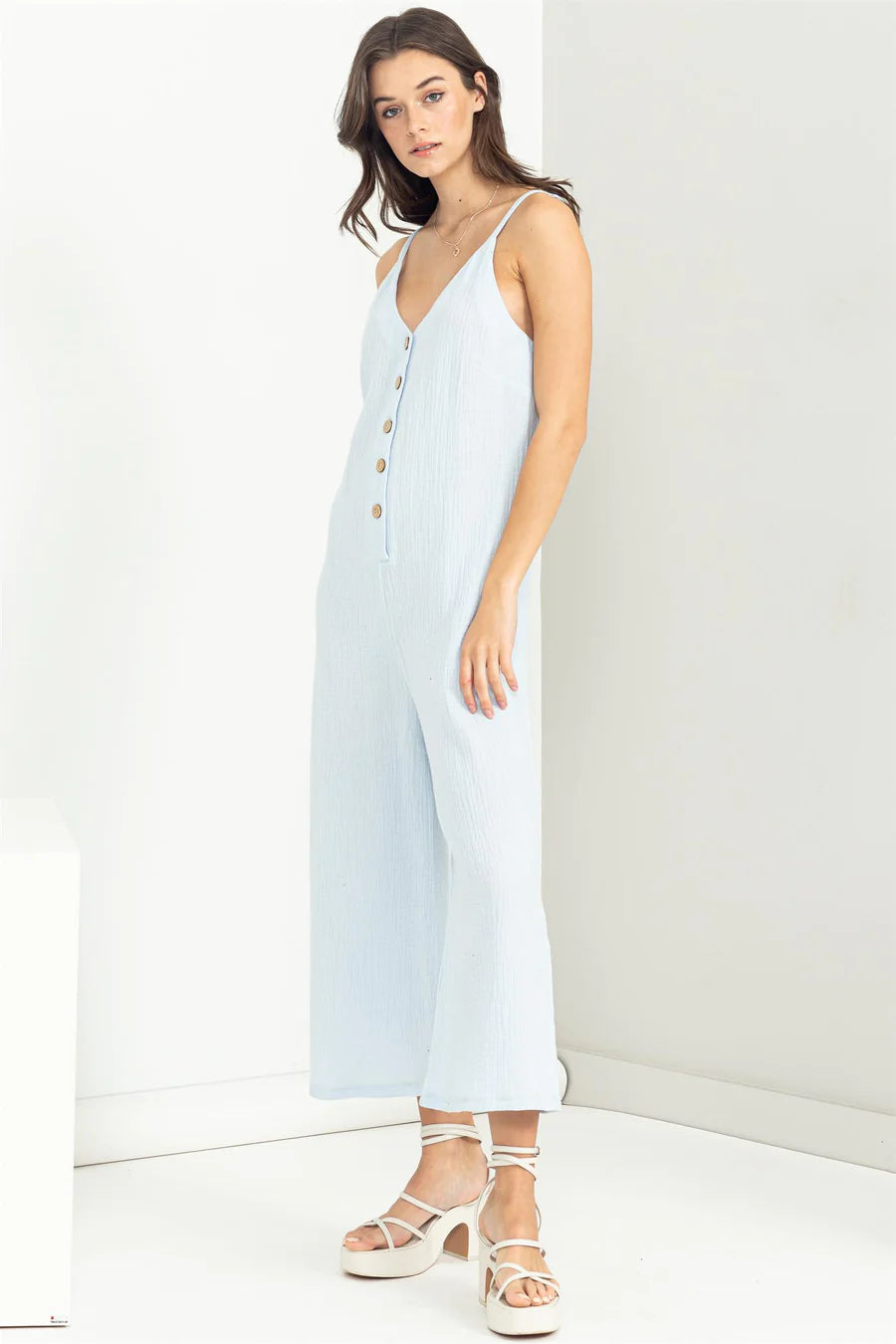 Chill Pill Button-Front Sleeveless Light Blue Jumpsuit