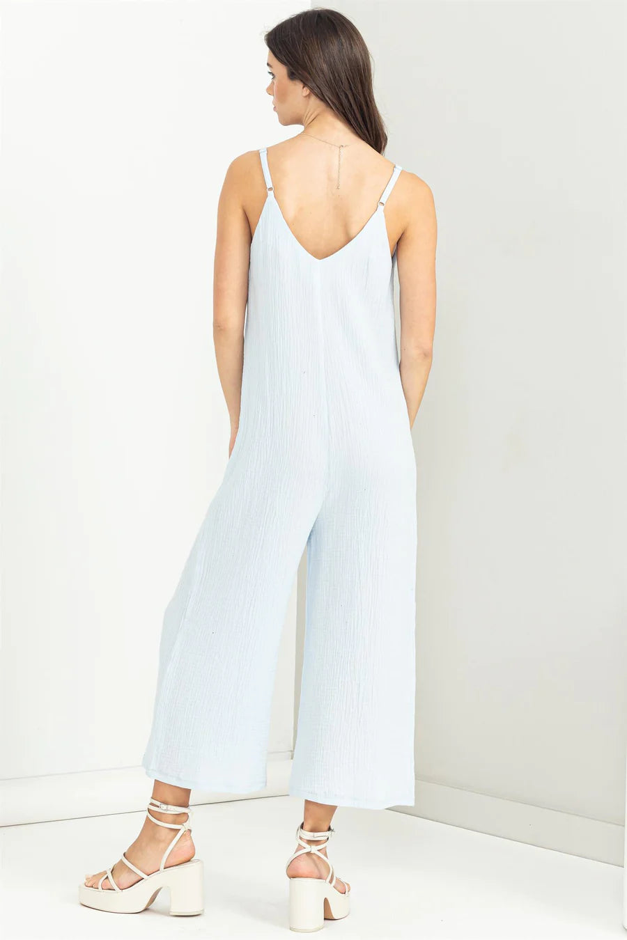 Chill Pill Button-Front Sleeveless Light Blue Jumpsuit
