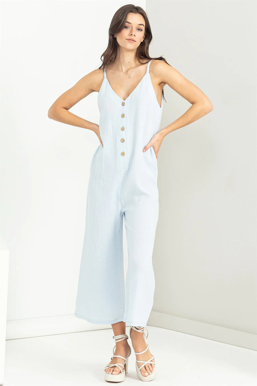 Chill Pill Button-Front Sleeveless Light Blue Jumpsuit