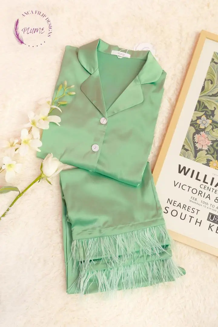Celdon Detachable feather trim satin pajama