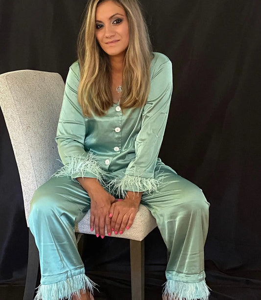 Celdon Detachable feather trim satin pajama