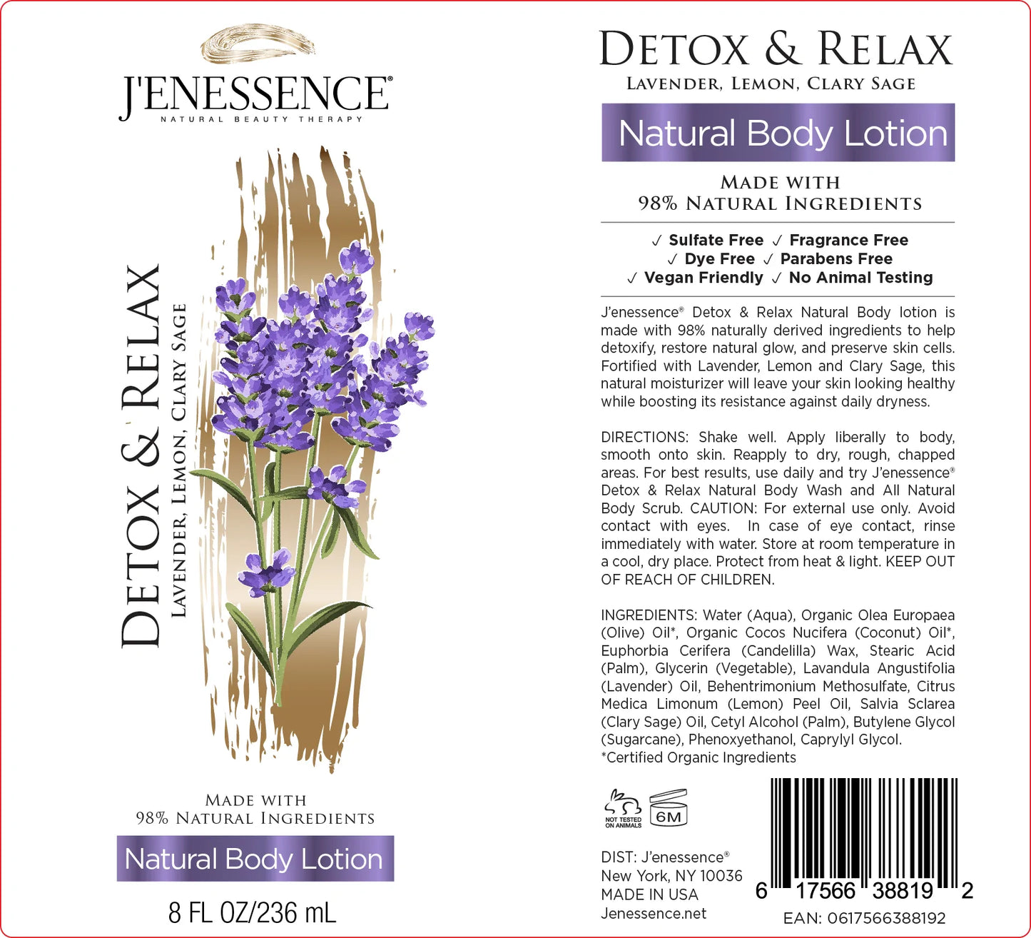 Detox & Relax 98% Natural Therapeutic Body Lotion (Lavender, Lemon, Clary Sage)