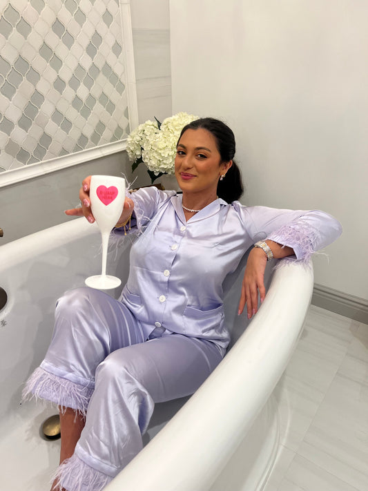 Lavender Detachable feather trim satin pajama