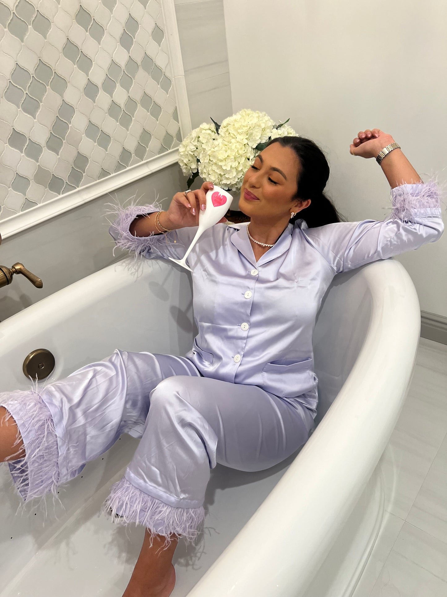 Lavender Detachable feather trim satin pajama