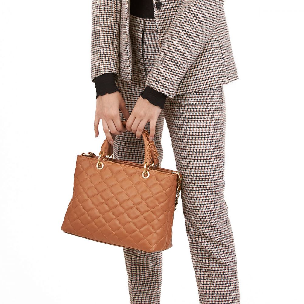 Quilted genuine Italian leather handbag in Cream, Black or Camel