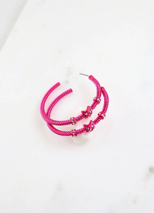 Gardenia CZ Cable Hoop Earring Fuchsia