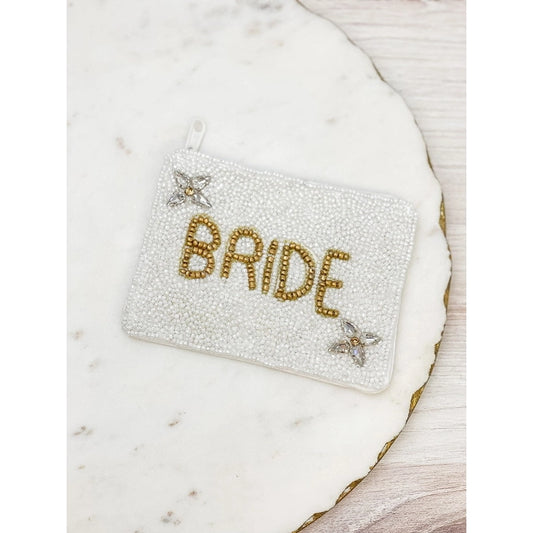 Glitzy Rhinestone 'Bride' Beaded Zip Pouch - White - Coin Purse