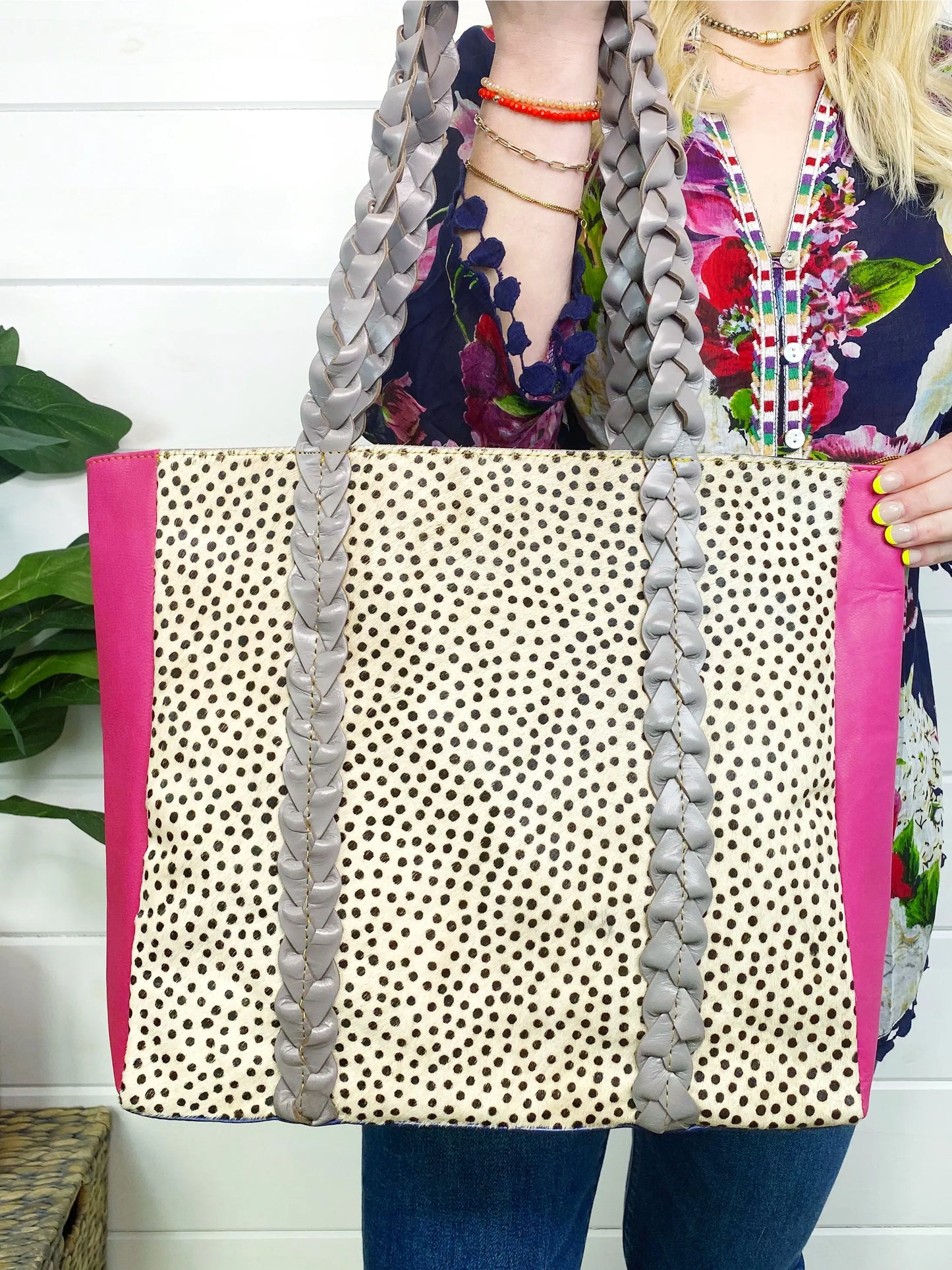 Joli Leather Hair on Hide Braided Handle Tote Bag Purse