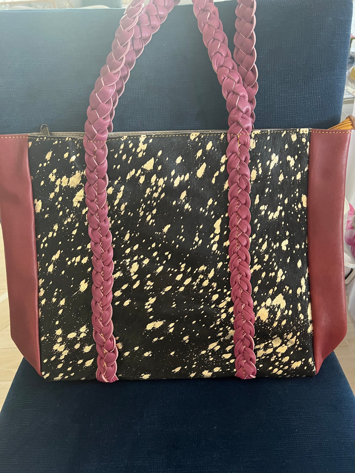 Joli Leather Hair on Hide Braided Handle Tote Bag Purse