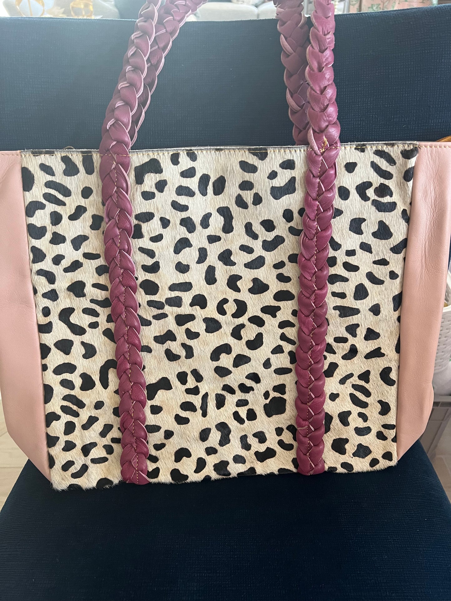 Joli Leather Hair on Hide Braided Handle Tote Bag Purse