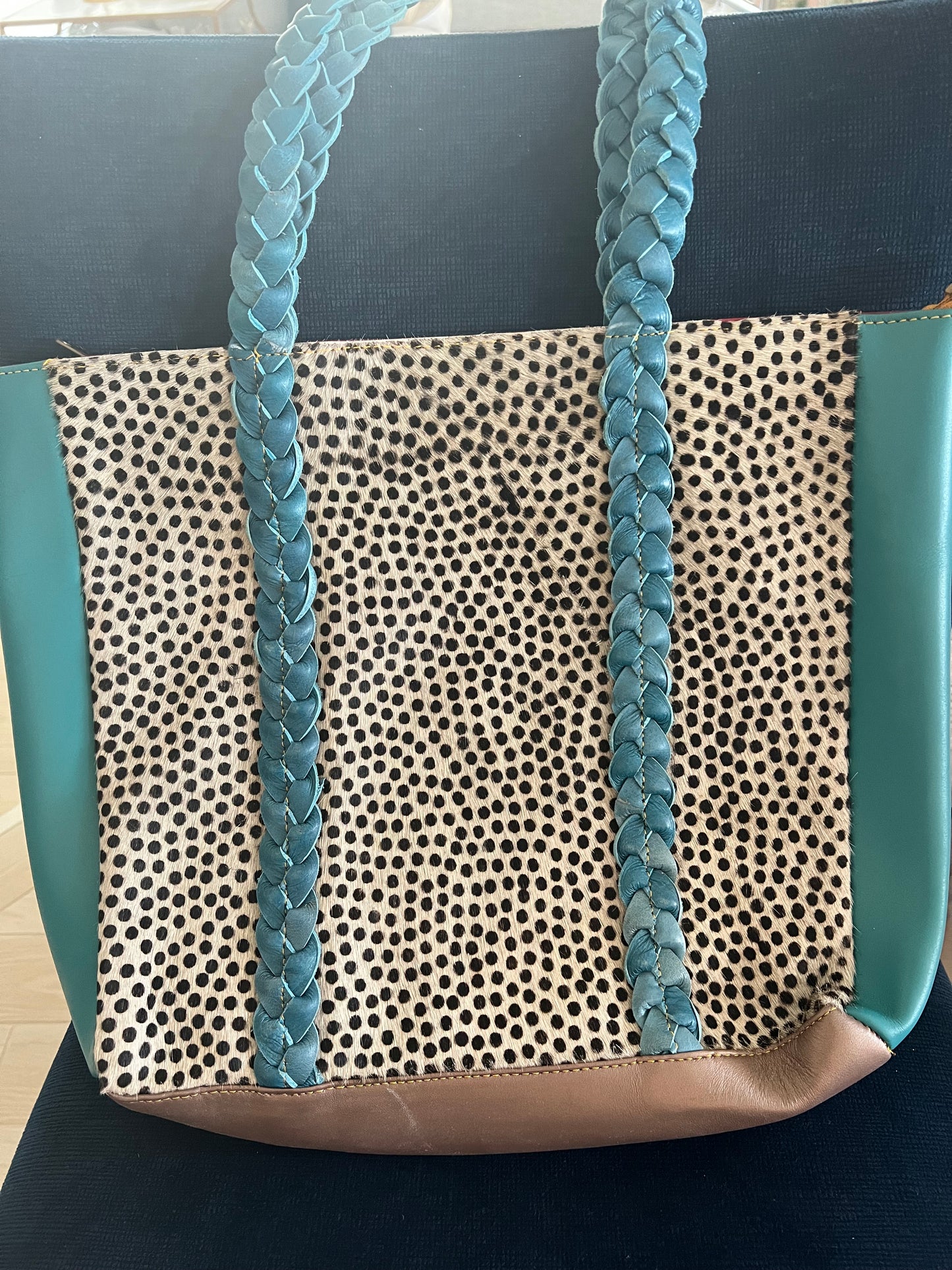 Joli Leather Hair on Hide Braided Handle Tote Bag Purse