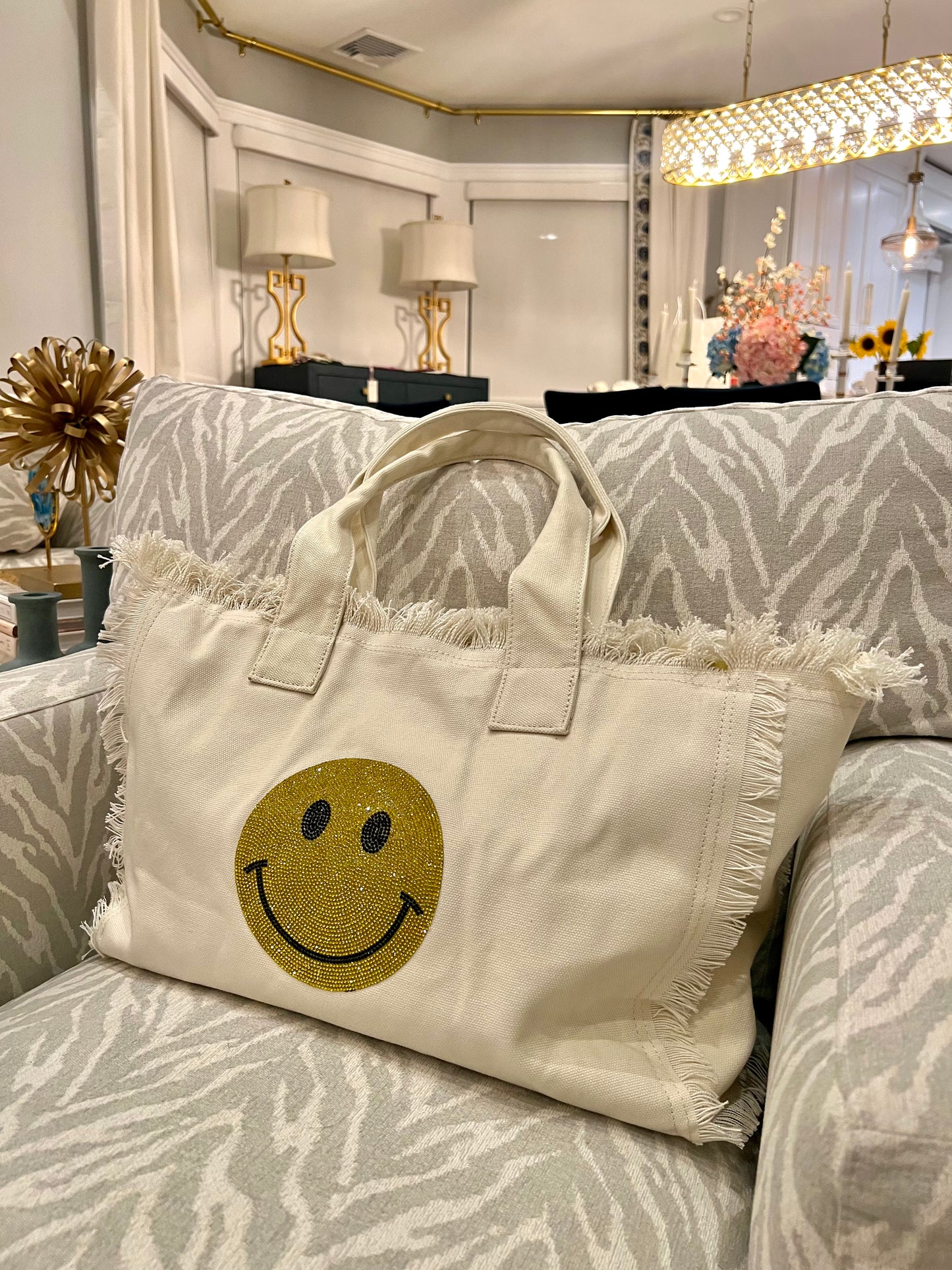 Reagan Sailcloth Totes in Cream with Rhinestone Smile