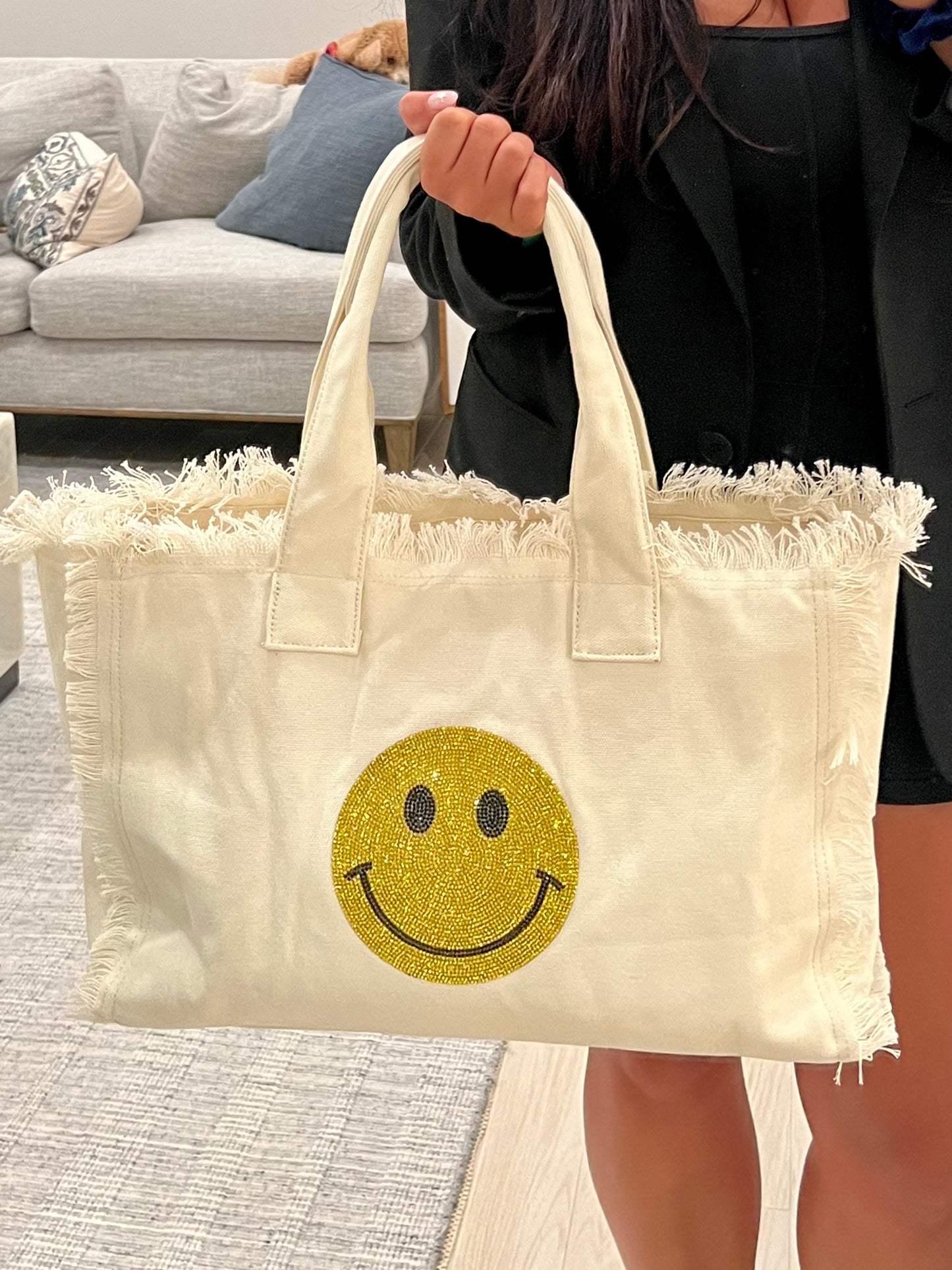 Reagan Sailcloth Totes in Cream with Rhinestone Smile