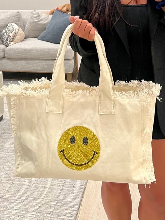 Reagan Sailcloth Totes in Cream with Rhinestone Smile