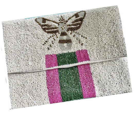 Beaded Bee Crossbody/Clutch In White with Pink Stripe
