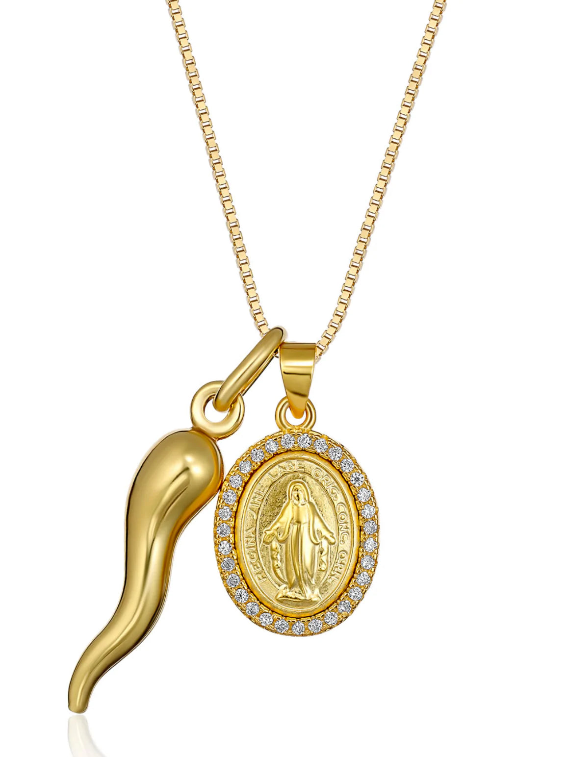 Sardegna Gold Cornicello and Diamante Madonna 17" Necklace
