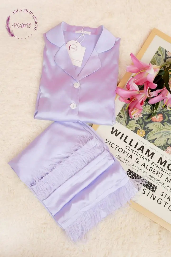 Lavender Detachable feather trim satin pajama