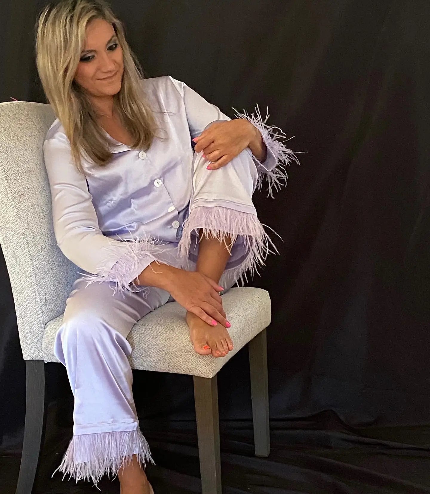 Lavender Detachable feather trim satin pajama