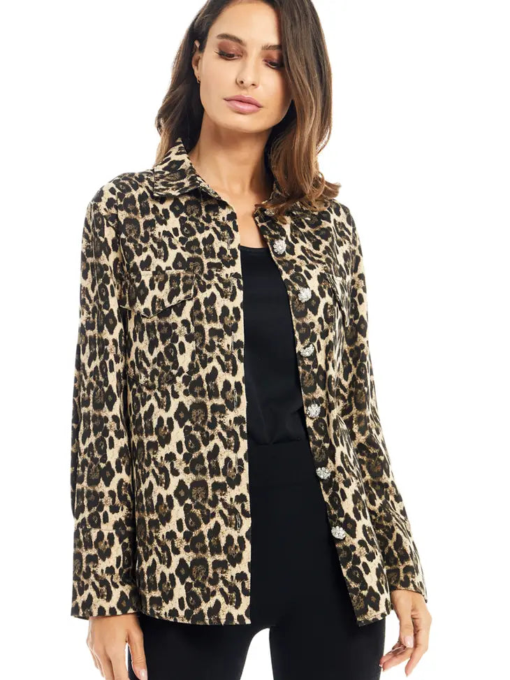 Leopard Print Embellished Button Down Top