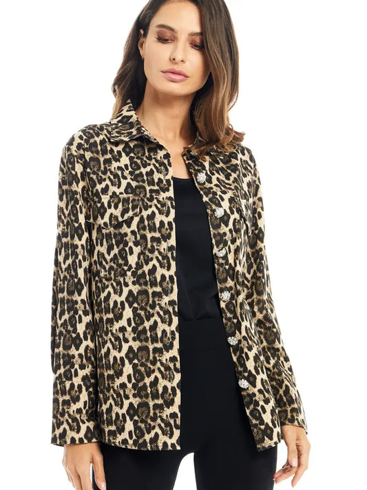 Leopard Print Embellished Button Down Top