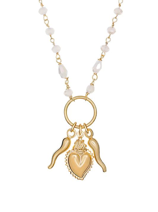 Ragazza Gold Cornicello, Heart and White Beaded Necklace