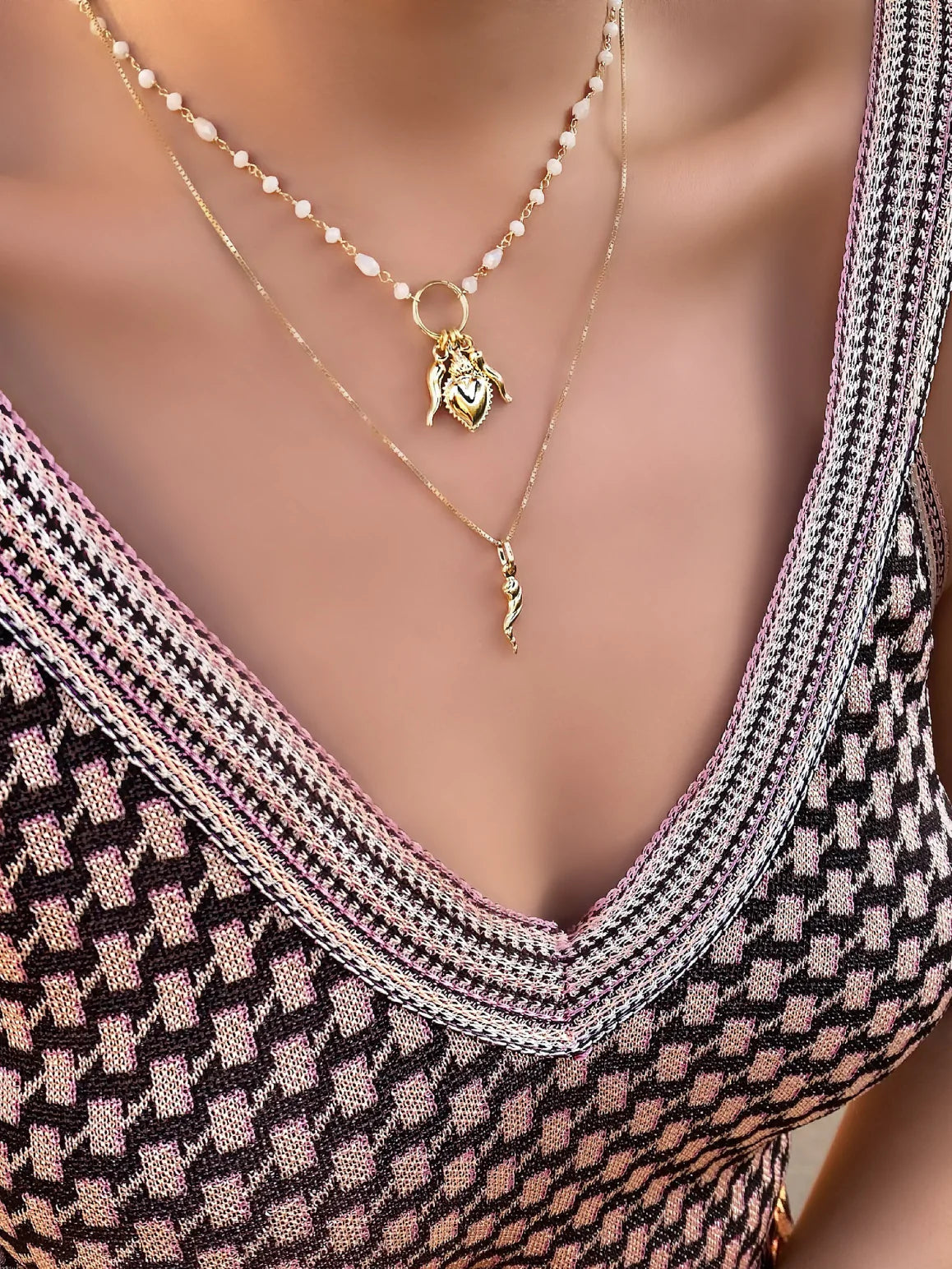 Ragazza Gold Cornicello, Heart and White Beaded Necklace