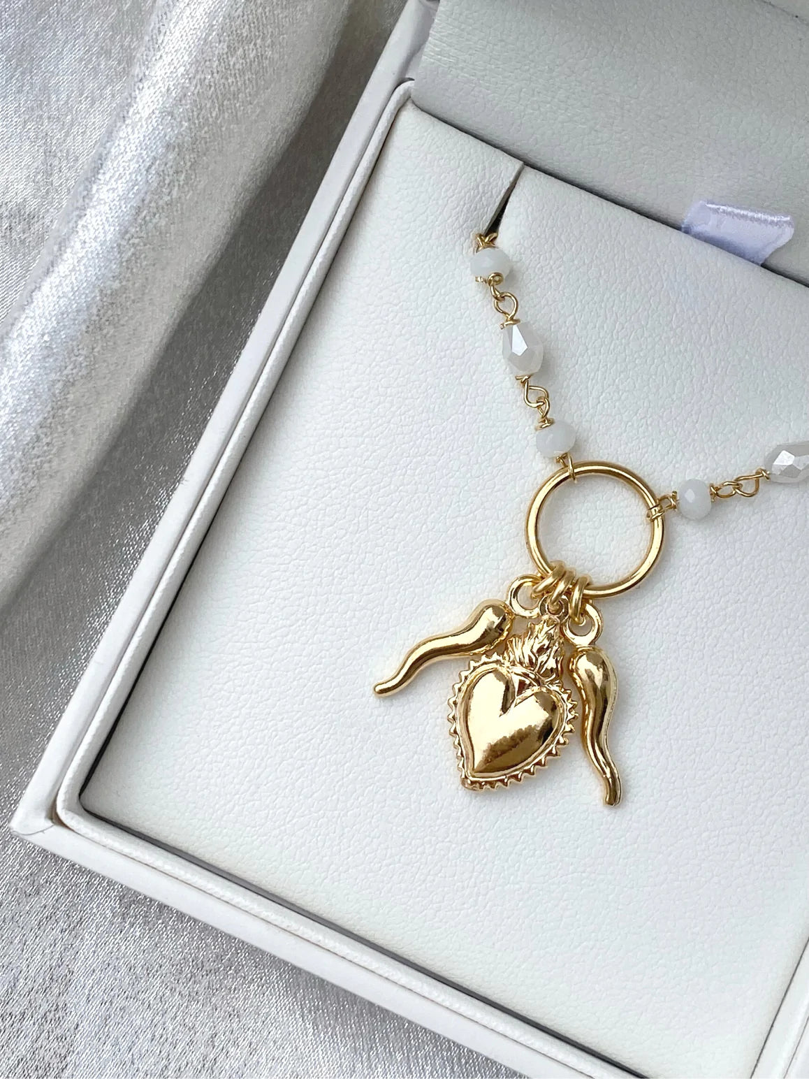 Ragazza Gold Cornicello, Heart and White Beaded Necklace