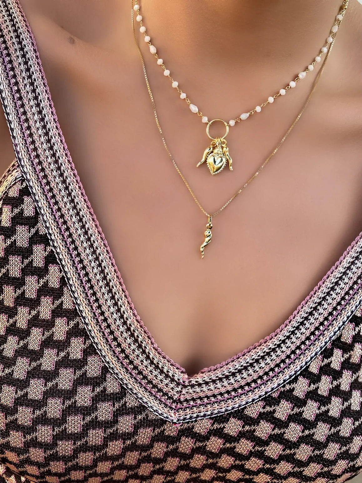 Ragazza Gold Cornicello, Heart and White Beaded Necklace