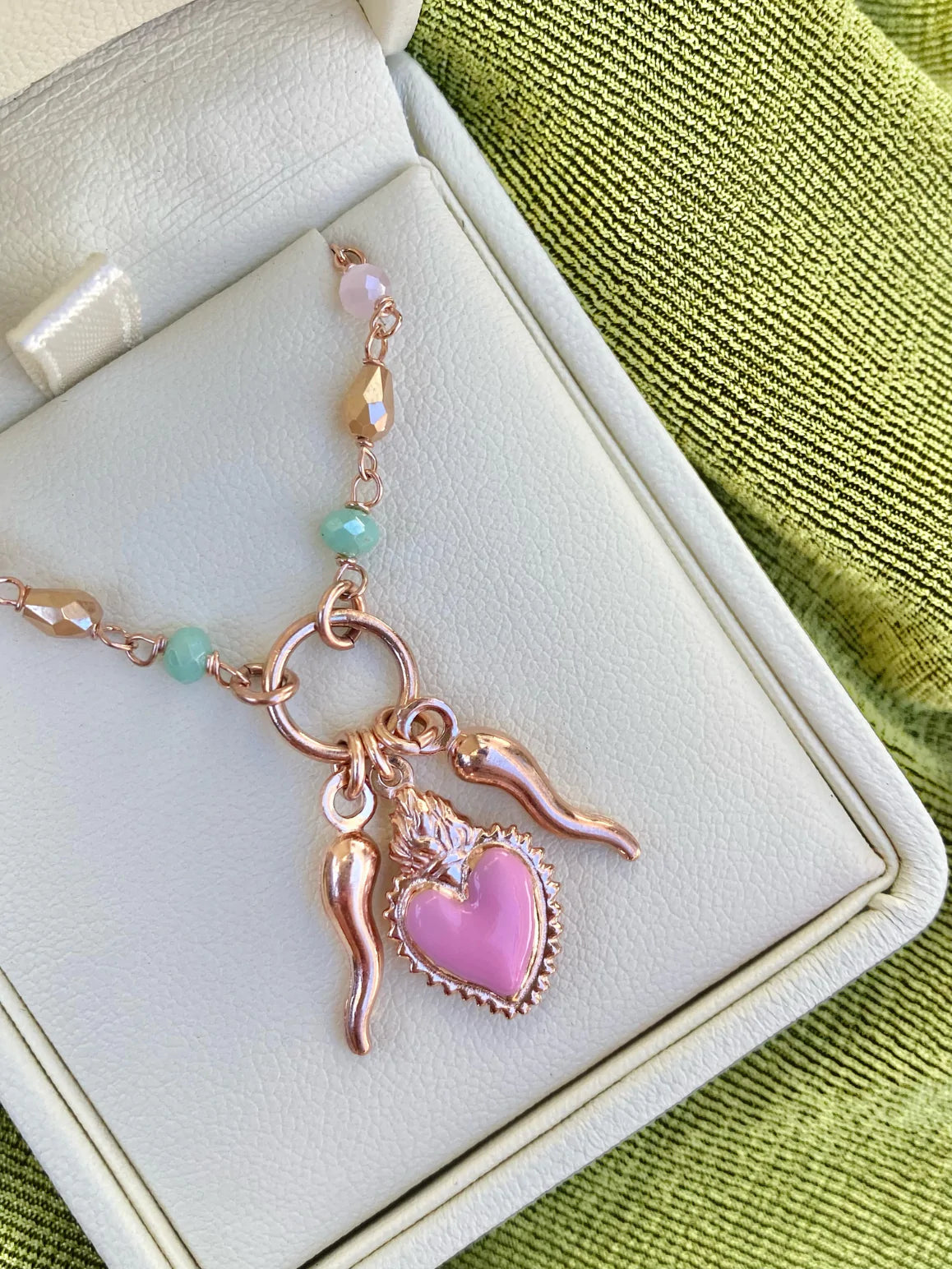 Ragazza Rose Gold Cornicello, Heart and Bead Necklace