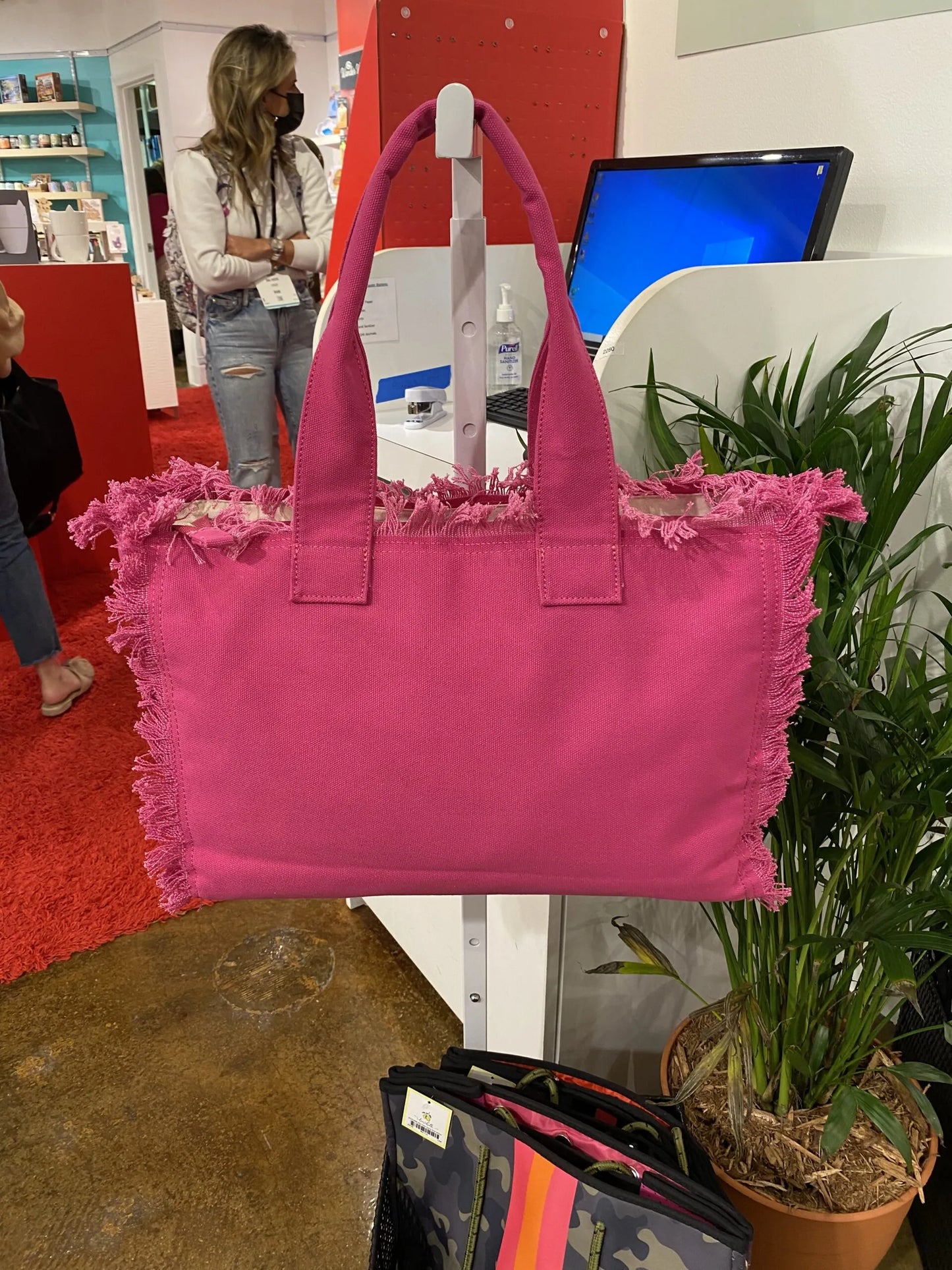 Reagan Sailcloth Tote in Hot Pink with Rhinestone Lips