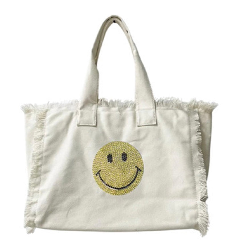 Reagan Sailcloth Totes in Cream with Rhinestone Smile