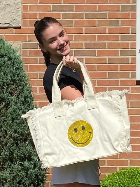 Reagan Sailcloth Totes in Cream with Rhinestone Smile