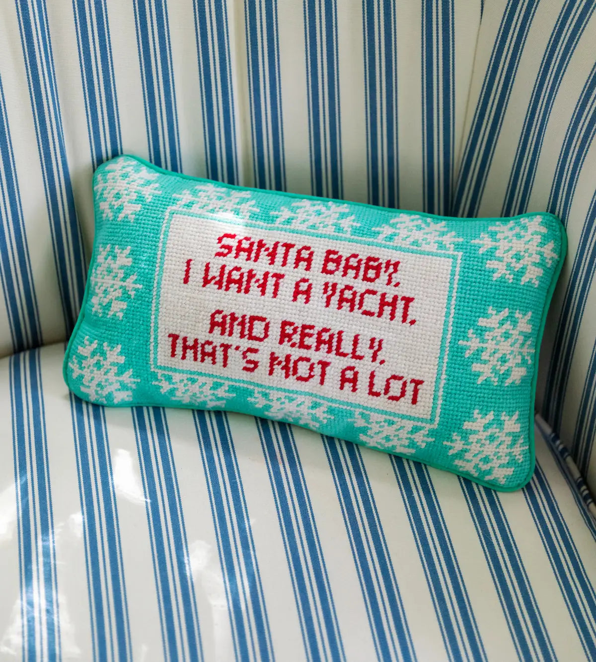 Santa I Want a Yacht Needlepoint Christmas Pillow