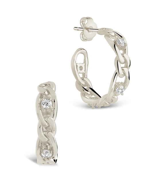 CZ Studded Figaro Link Hoop Earrings