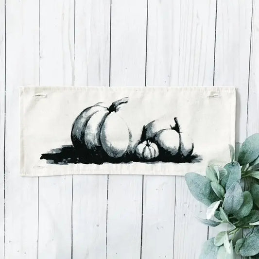 Seasonal Pillow Panel: Hand-Painted White Pumpkins; Fall Autumn