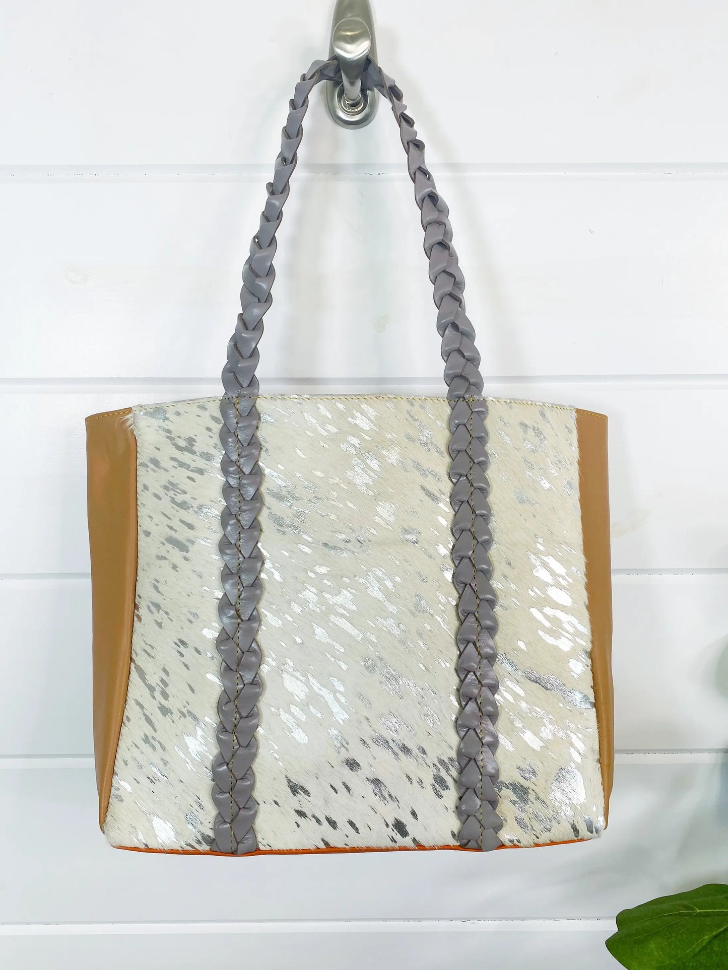 Joli Leather Hair on Hide Braided Handle Tote Bag Purse