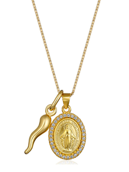 Sardegna Gold Cornicello and Diamante Madonna 17" Necklace