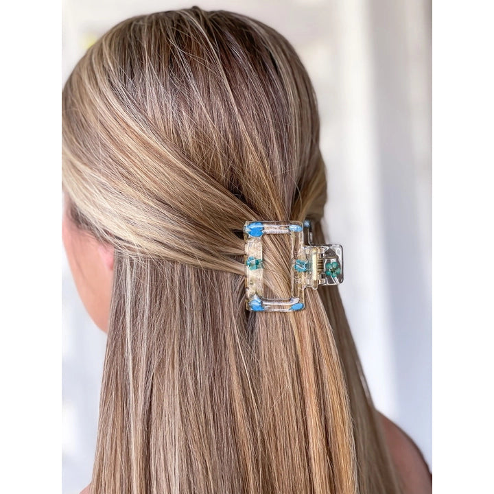 Square Pressed Flower Claw Hair Clips - Blue
