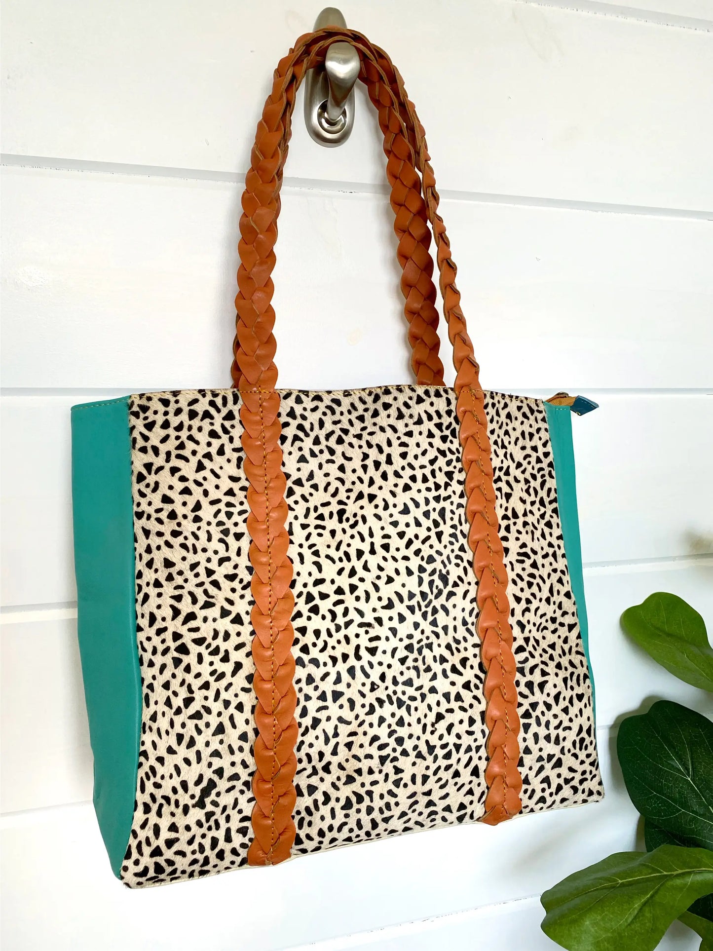 Joli Leather Hair on Hide Braided Handle Tote Bag Purse