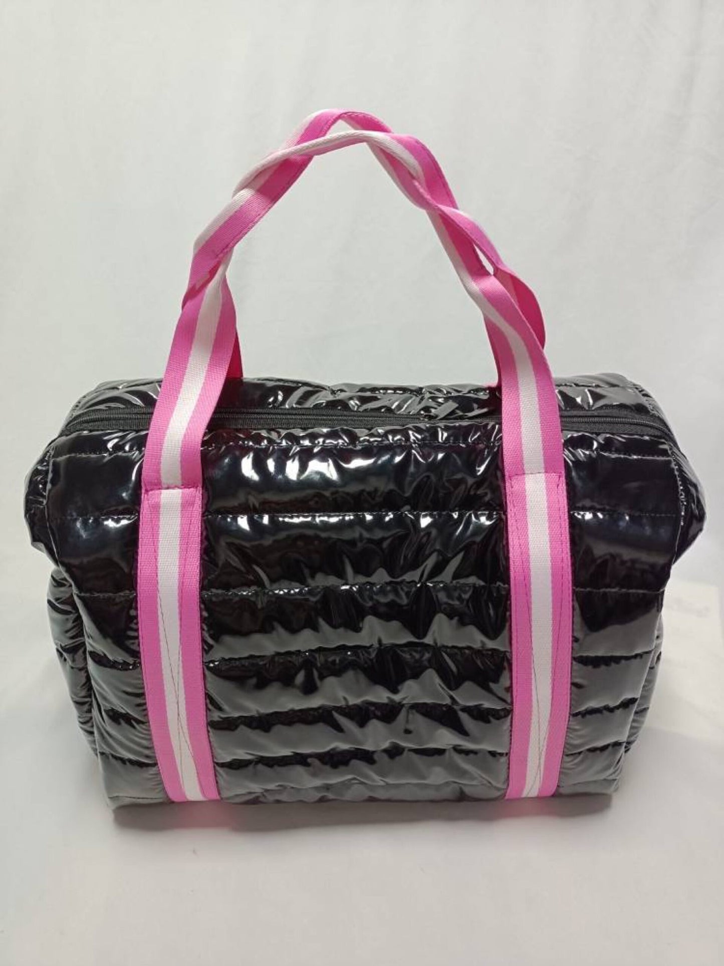 The Cassie Weekender Puffer Black Metallic w/Pink Striped Strap