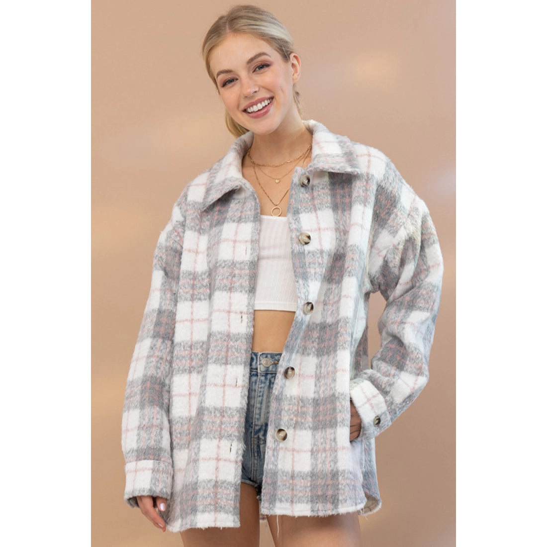 Yarn Dyed Brushed Plaid Side Pocket Shirt Jacket