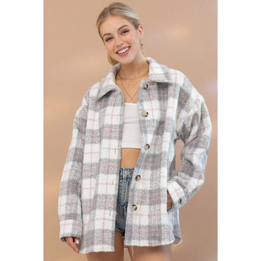 Yarn Dyed Brushed Plaid Side Pocket Shirt Jacket