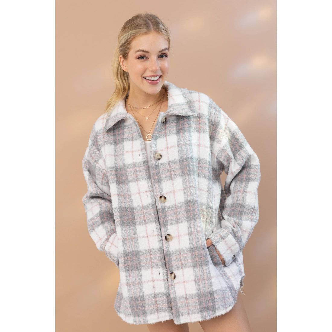 Yarn Dyed Brushed Plaid Side Pocket Shirt Jacket