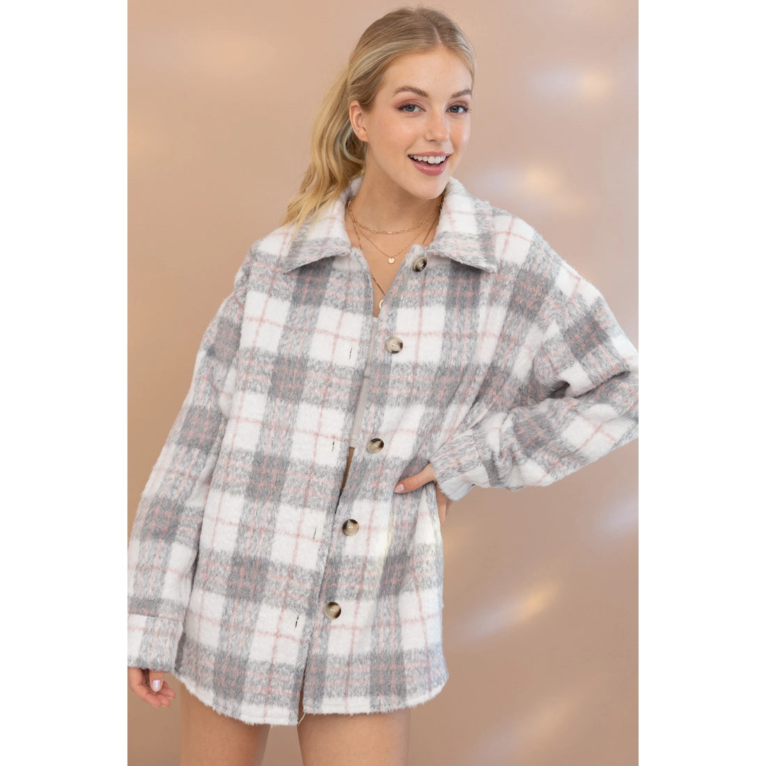 Yarn Dyed Brushed Plaid Side Pocket Shirt Jacket