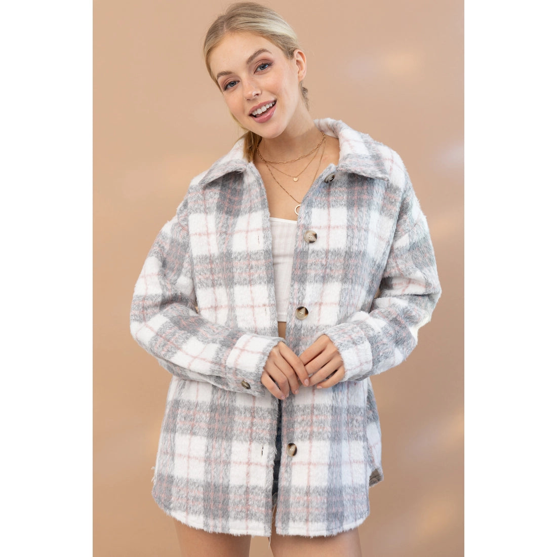 Yarn Dyed Brushed Plaid Side Pocket Shirt Jacket
