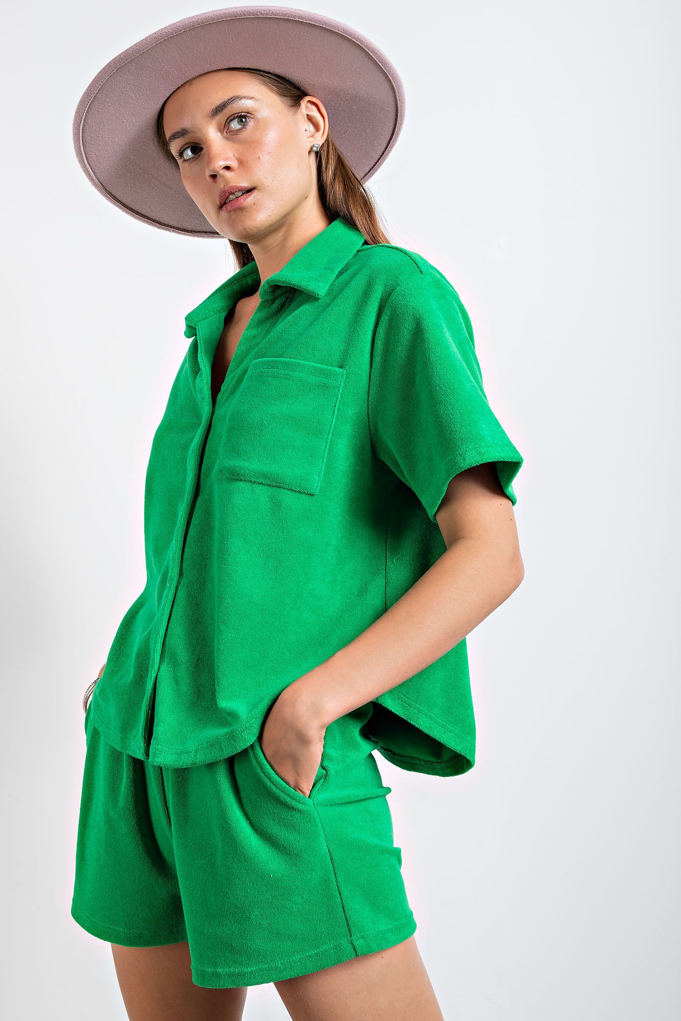Button Down Short Sleeve Terry Towel Shirt in 3 Colors