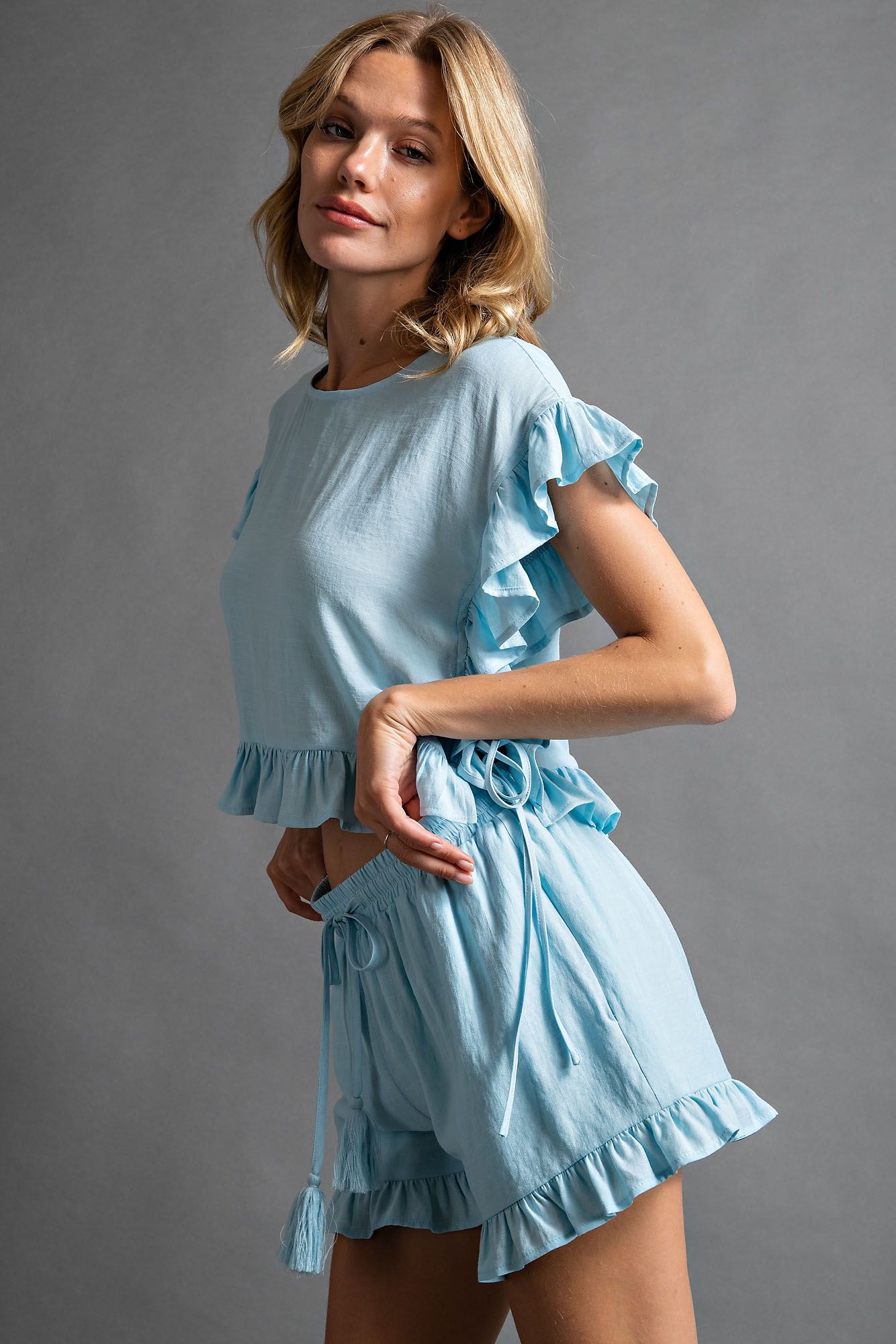 Ruffled Detailing Crepe Crop Top in Sky Blue